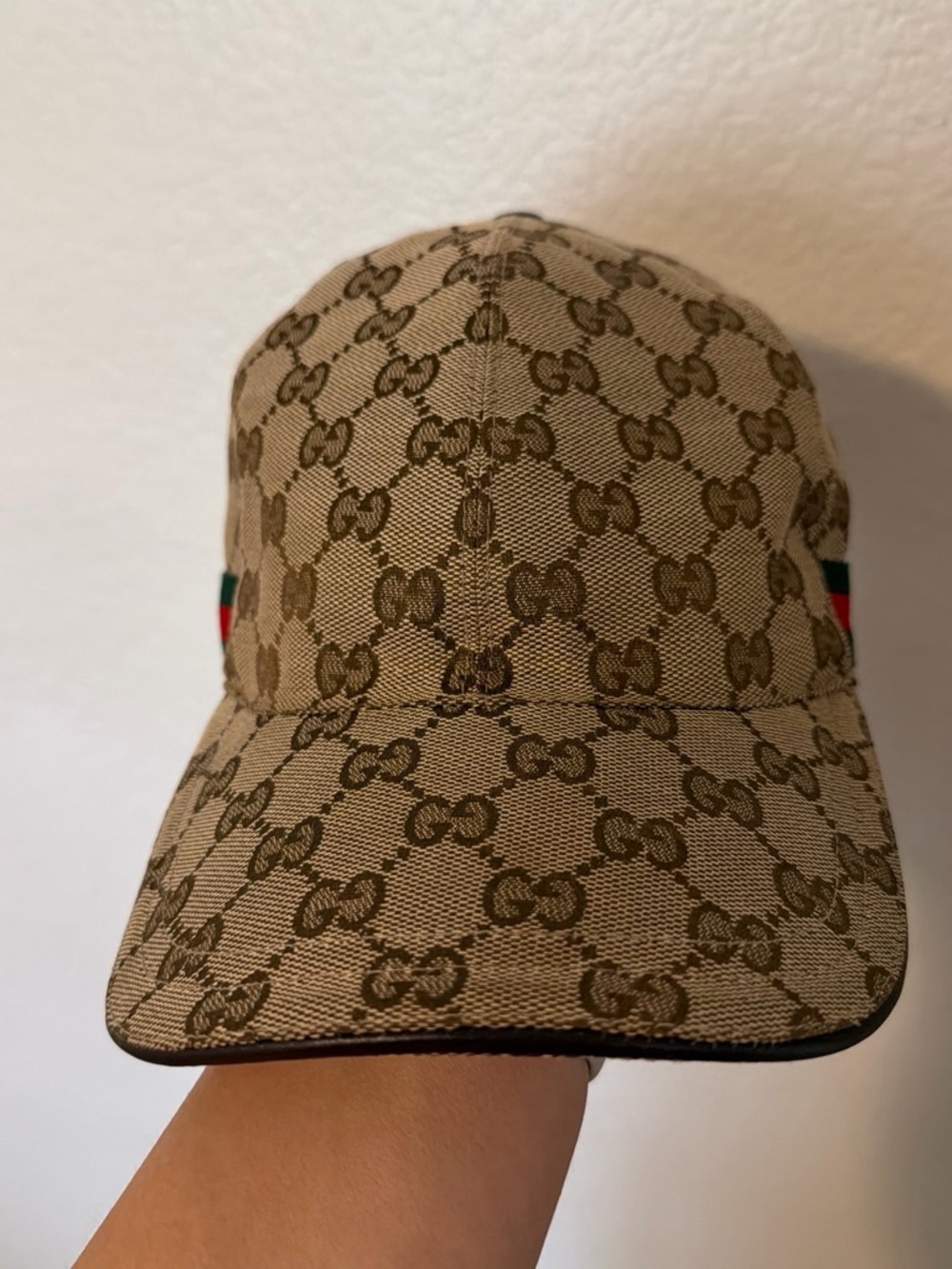Gucci Brown GG Monogram Baseball Cap with Green & Red Web